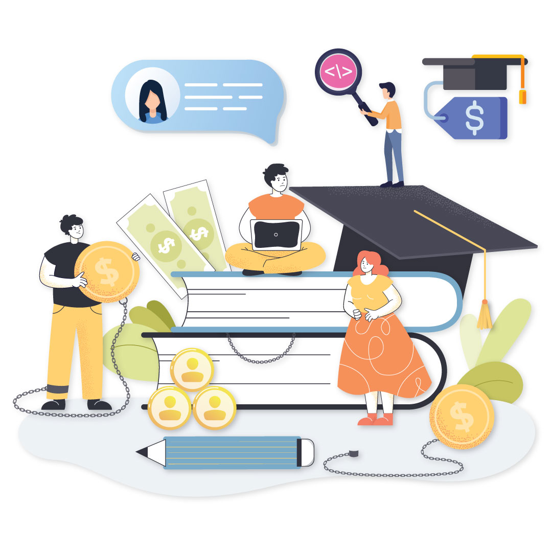 Illustration of people with books, coins and a graduation cap representing the cost and value of education technology